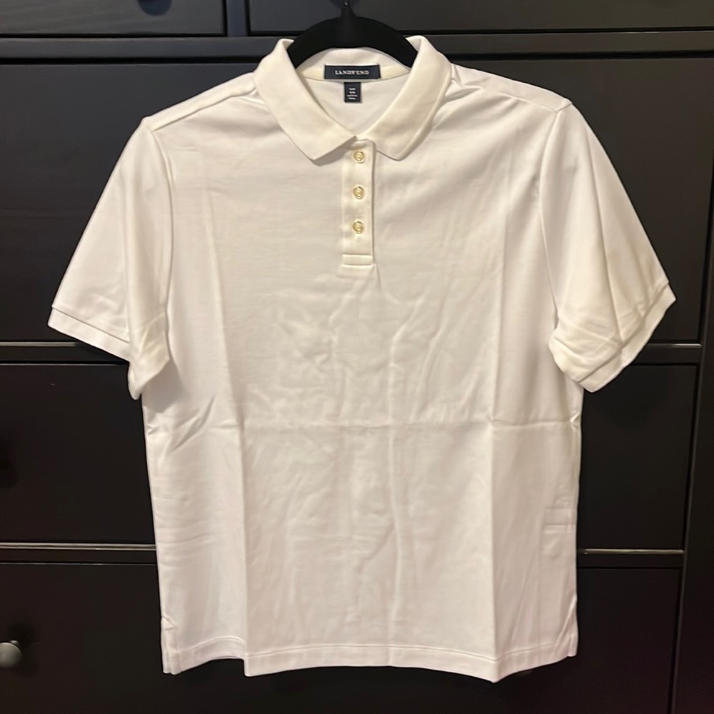 Lands’End Small White Pima Polo T-Shirt short sleeved with three buttons